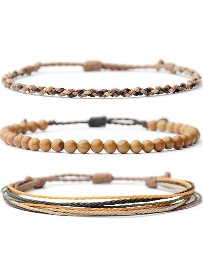 CLENEA Natural Stone Beaded for Men, Adjustable Weave Rope Bracelet, Gift with Wood-Grain Yellow Beads, Durable String Bracelet for Balance and Energy, 3Pcs - Image 1